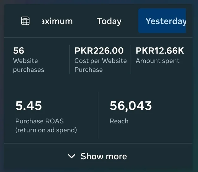 Meta Ads Manager screenshot showing 56 purchases and 5.45 ROAS.