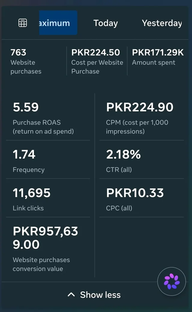 Meta Ads Manager screenshot showing 763 purchases and 5.59 ROAS.