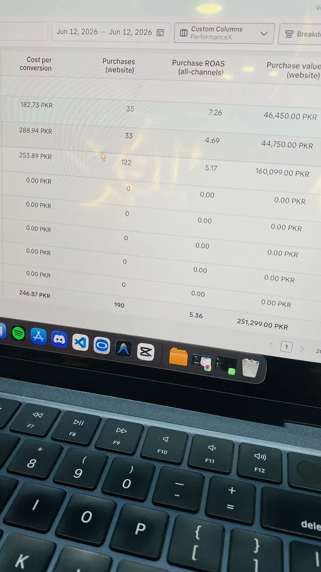 TikTok Ads Manager screen photo showing 190 purchases and 5.36 ROAS.