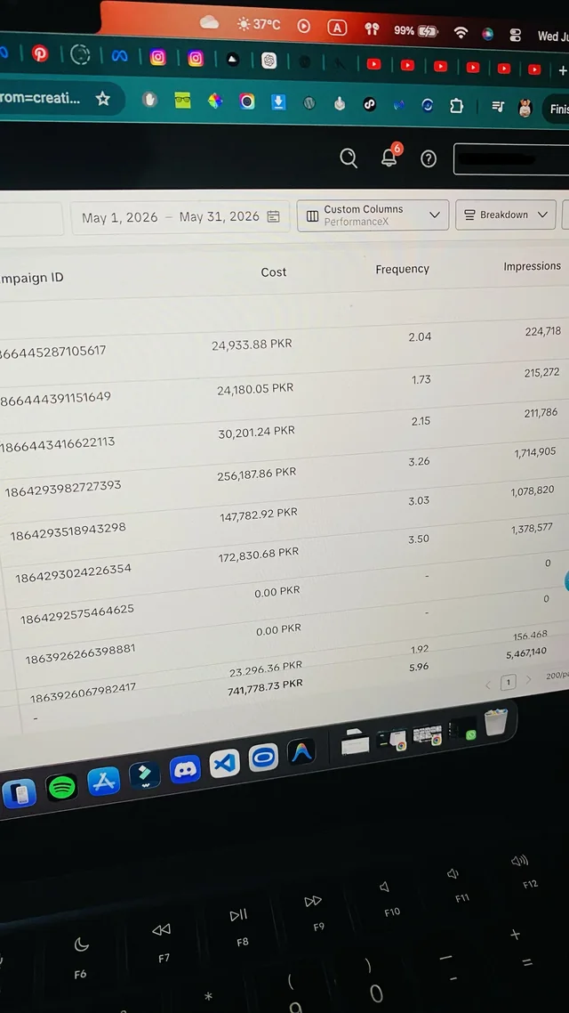 TikTok Ads Manager screen photo showing May 2026 campaign cost, frequency and impressions.