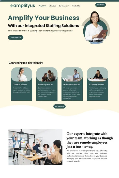 AmplifyUs homepage showing the hero and first sections
