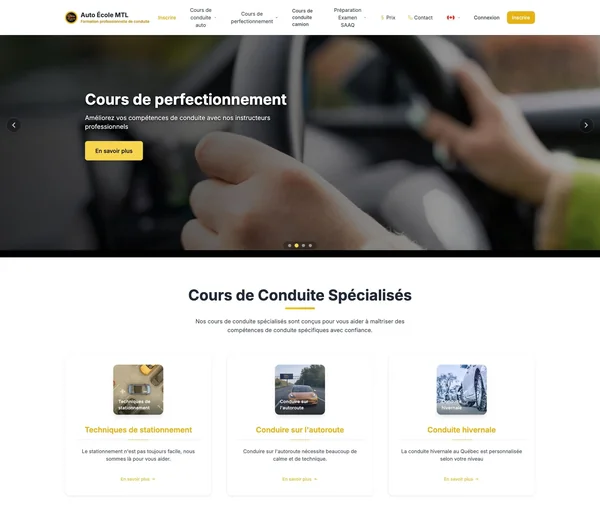 Auto Ecole MTL homepage showing the hero and first sections