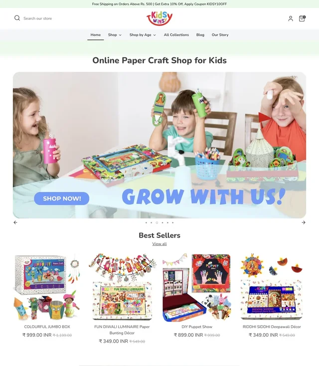 Kidsy Winsy homepage showing the hero and first sections