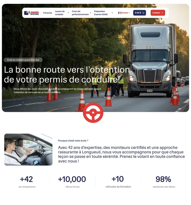 Lauzon Conduite homepage showing the hero and first sections