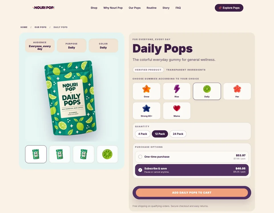 Nouri Pop Daily Pops product page with product selector and purchase options