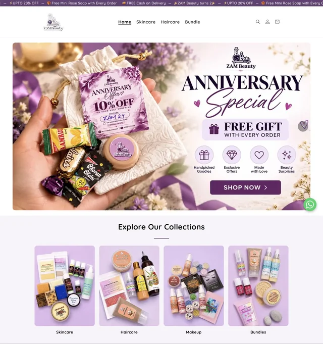 Zam Beauty homepage showing the hero and first sections